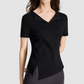 Wholesale Women's Lapel Collar Yoga Short-Sleeve Top with Side Slit Hem
