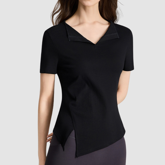 Wholesale Women's Lapel Collar Yoga Short-Sleeve Top with Side Slit Hem