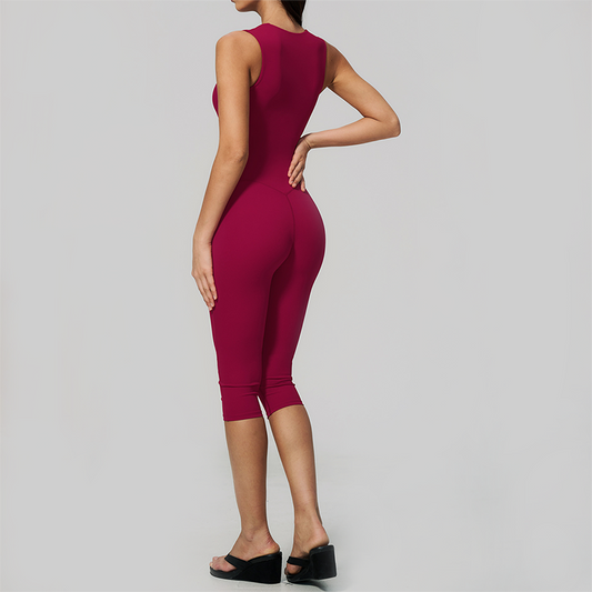 Wholesale Women's Bare-Feel Square Neck Yoga Jumpsuit with Chest Pad & Capri Shorts