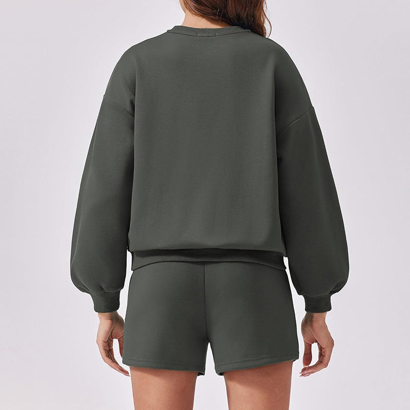 Round neck loose casual sweatshirt+Loose-fitting athletic shorts 2-piece set