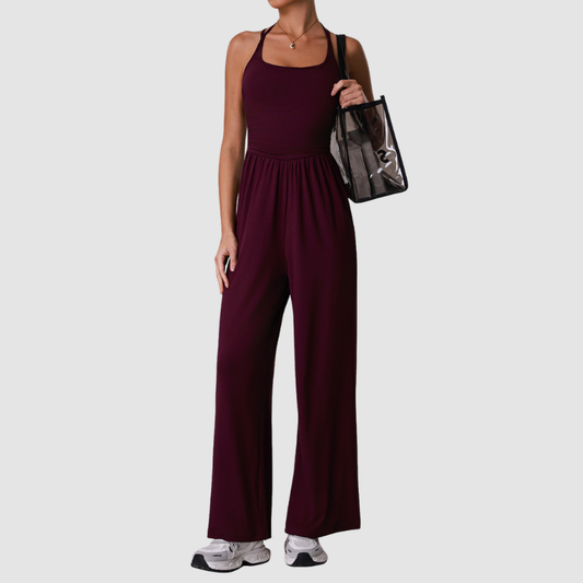 Wholesale Halter-Neck Cutout Open-Back Wide-Leg Jumpsuit with Built-In Bra – Casual Yoga Romper