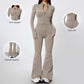 Women's knitted zippered fitted top + body-hugging flared pants 2-piece set