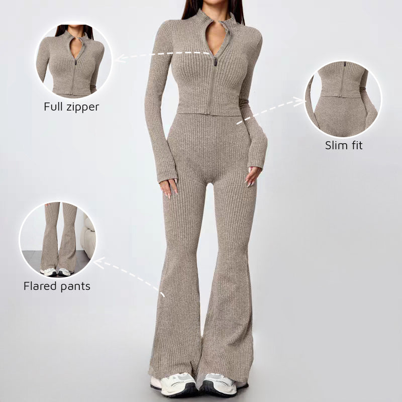 Women's knitted zippered fitted top + body-hugging flared pants 2-piece set