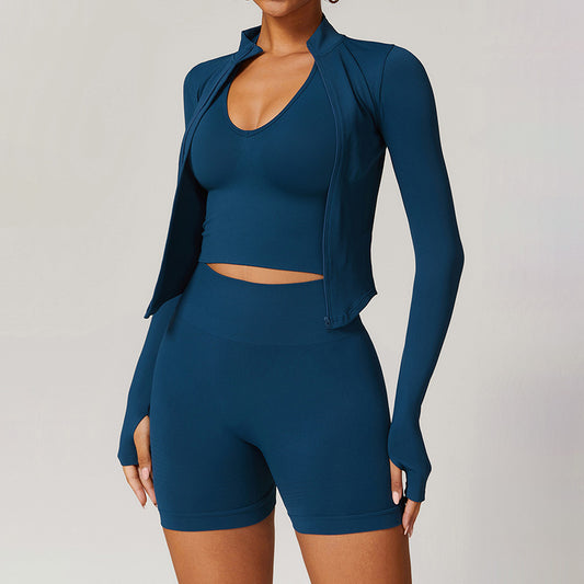 Seamless Long Sleeve Full Zipper Jacket + Shorts 2-piece Set