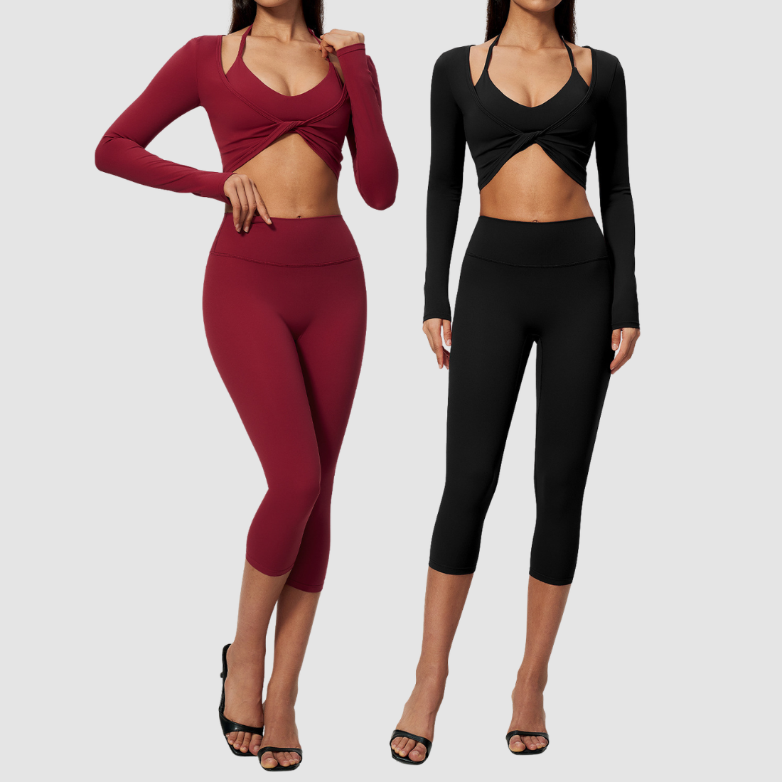 Wholesale Women's Activewear Brushed Bra, Capri Pants & Long-Sleeve 3-piece Yoga Set