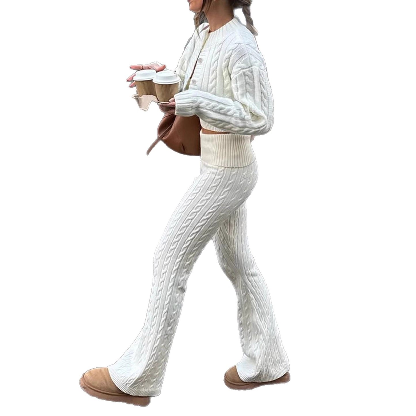 Short Cardigan + U-Neck Vest + Flare Pants