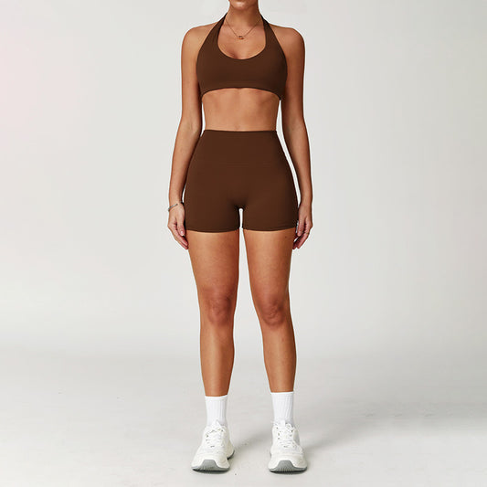Brushed halter backless Sports Bra + High-Waist shorts 2-Piece Set