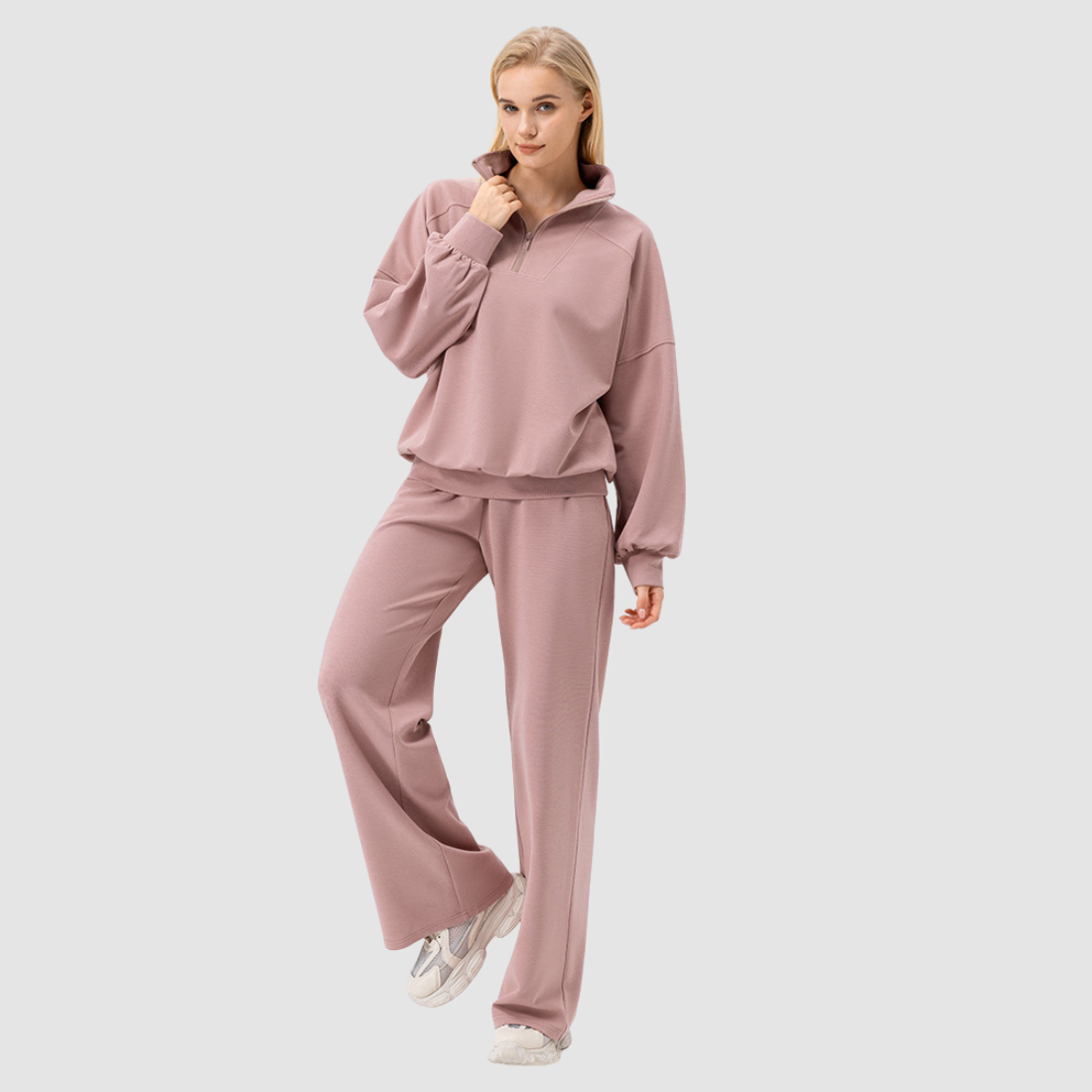 Wholesale Women’s Stand-Collar Lounge Set – Long Sleeve Sweatshirt & Wide-Leg Pants