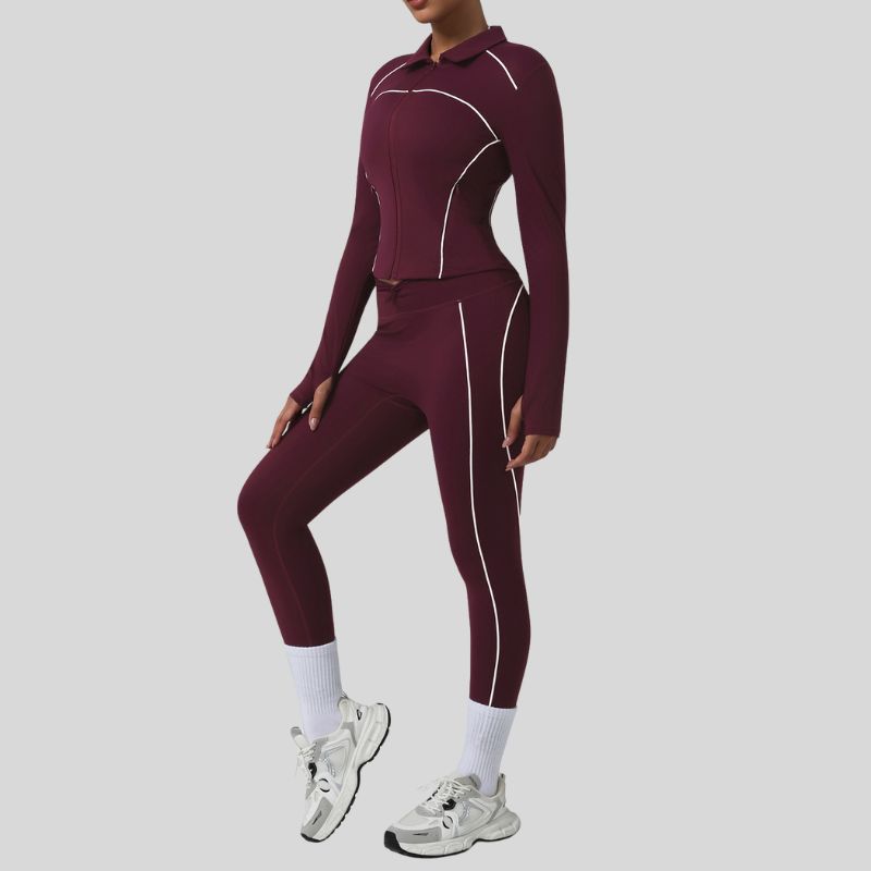 Color-blocked lapel jacket + sports leggings 2-piece set