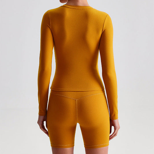 Long sleeve sports top + High-waist shorts 2-piece set
