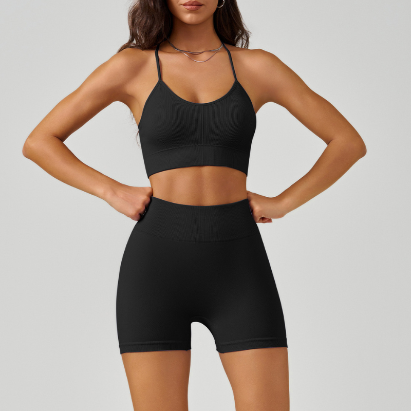Crossover spaghetti strap bra & shorts sport sets
