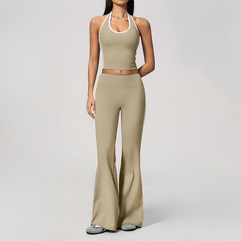 Wholesale Women's Bare-Feel Color-Block Tank Top & High waisted flared pants Set
