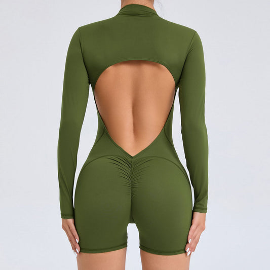 backless half zipper long sleeve yoga shorts jumpsuit
