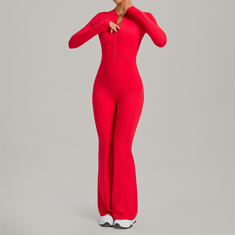 Zipper long sleeved backless fitness jumpsuit