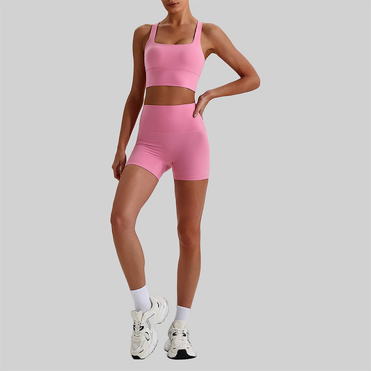 Wholesale Cross-Back Sports Bra & High-Waist Biker Shorts Set – Naked-Feel Quick-Dry Yoga 2-Piece