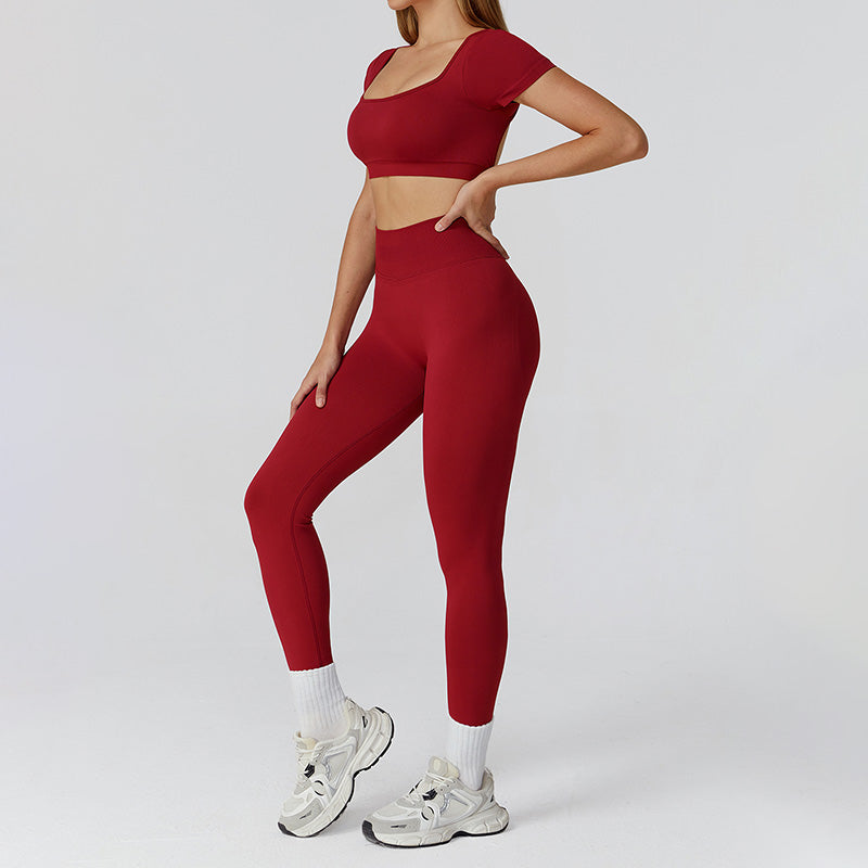 Seamless Short Sleeve Sports Top + hoch taillierte Leggings 2-teilige Leggings