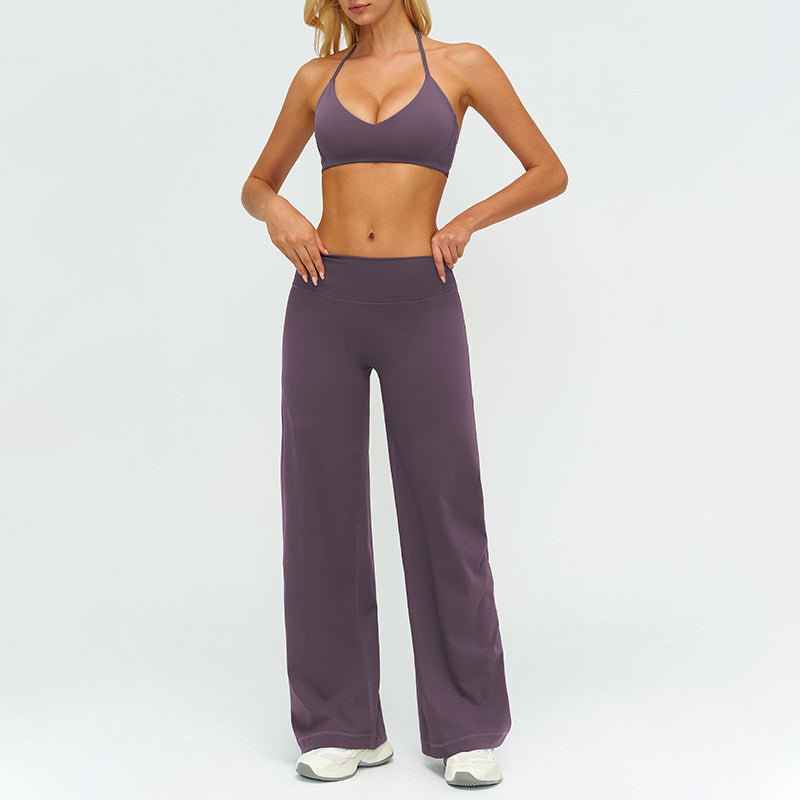 V-neck backless sports bra + high-waisted loose wide-leg pants 2-piece set