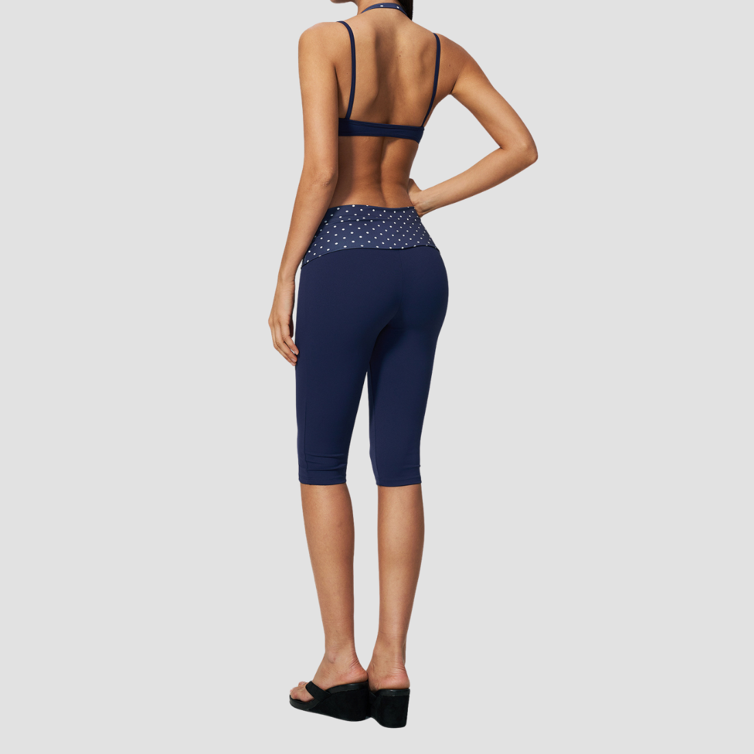 Wholesale Women's Polka Dot & Stripe Yoga Set Halter Neck Sports Bra & Capri Pants w/ Chest Pad