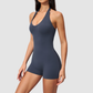 Wholesale Women's Halter-Neck V-Back One-Piece Yoga Bodysuit with Built-in Shorts