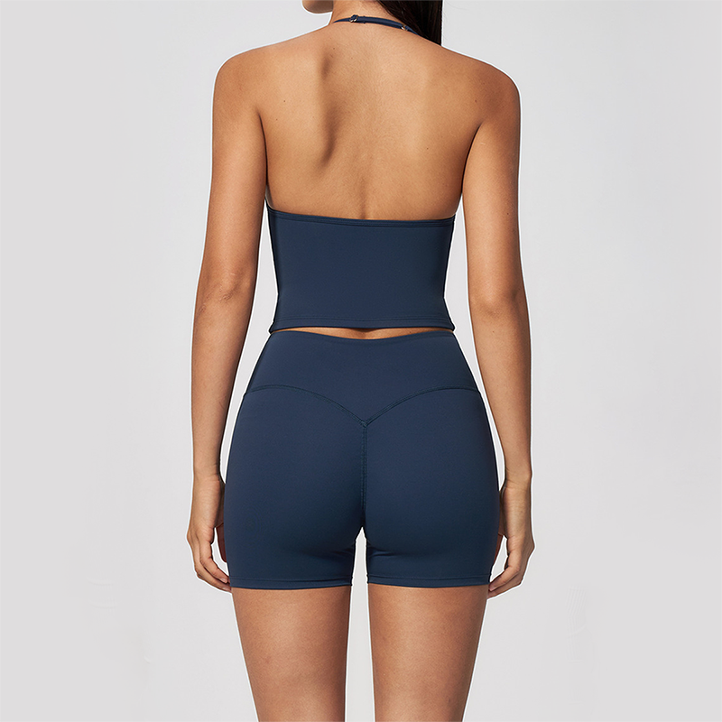 Wholesale Women's Halter Neck Yoga Set – Deep V-Neck Bra & High-Waist Shorts