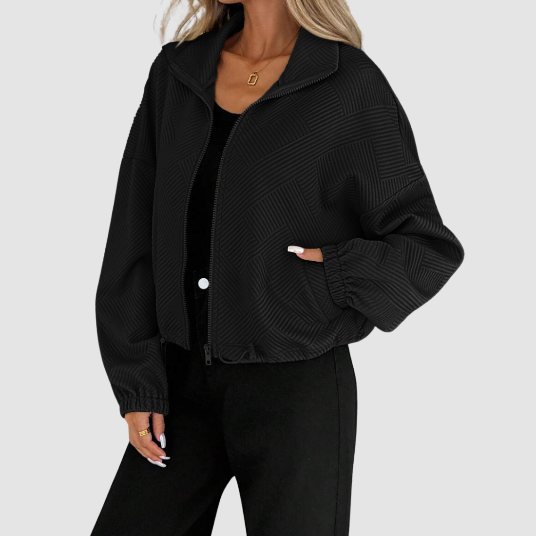 Wholesale Women's Stand-Collar Zip Jacket – Loose Drawstring Pocket Outerwear