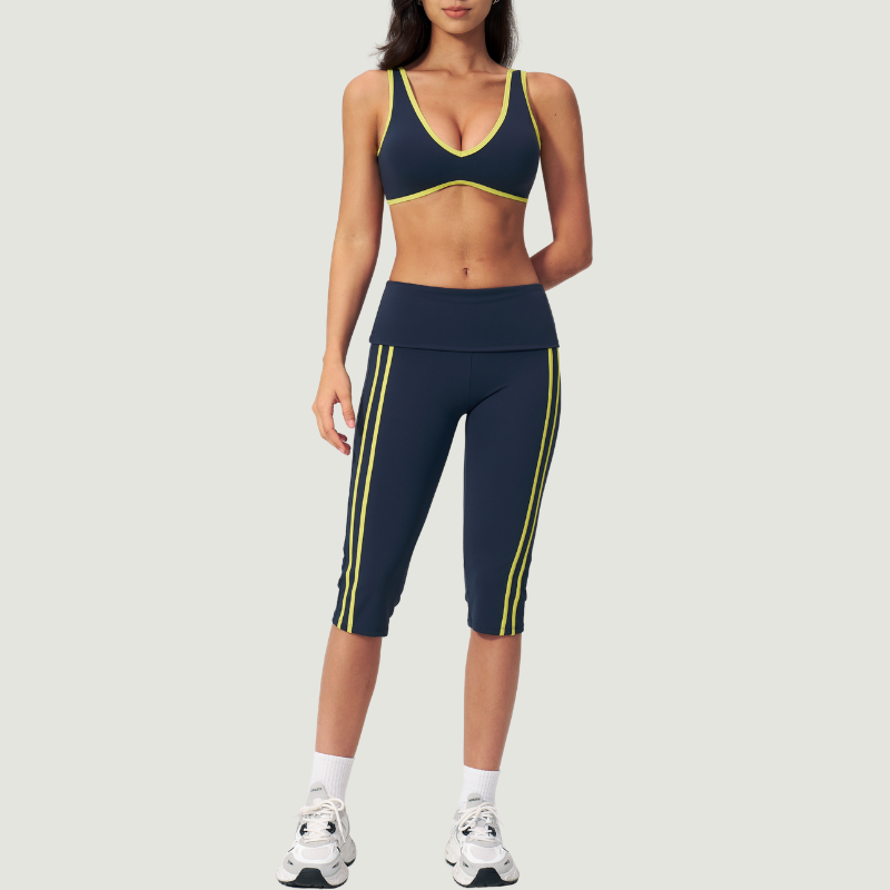 Wholesale color-blocked V-neck sports bra & striped cropped pants set
