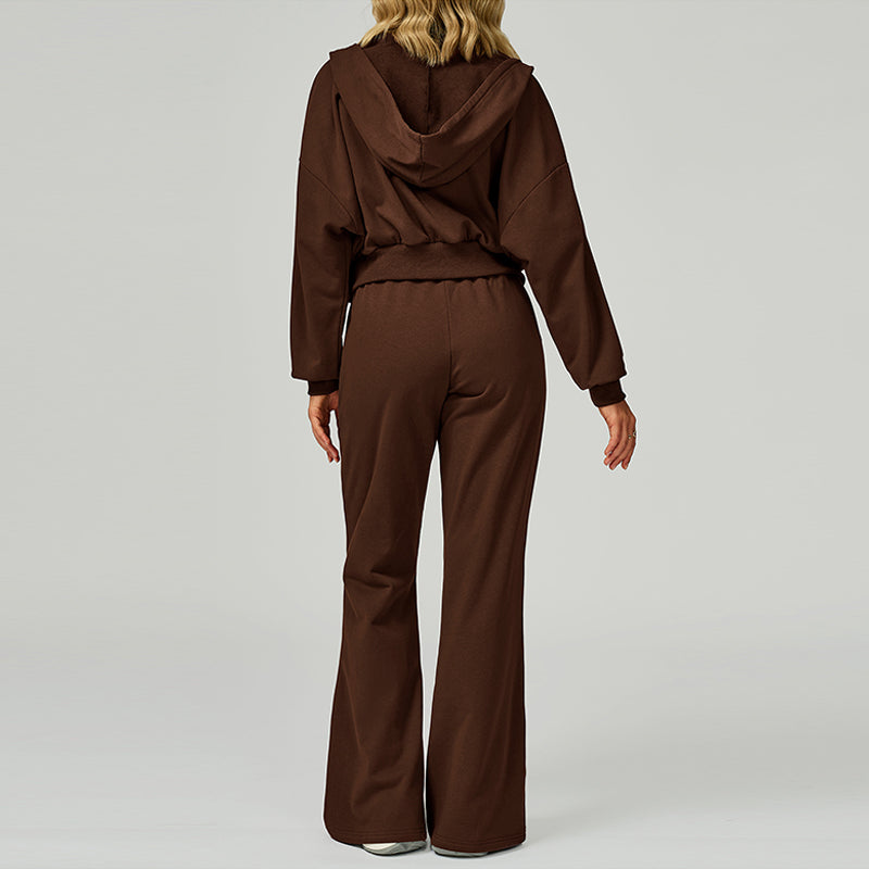 Loose hooded and full zipper Sweatshirt + drawstring Sweatpants 2 pieces set