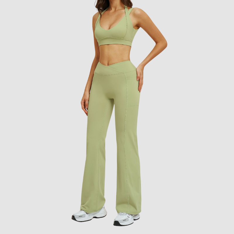 Wholesale Solid Color Halter Neck Sports Bra + High-Waisted Flare Pants