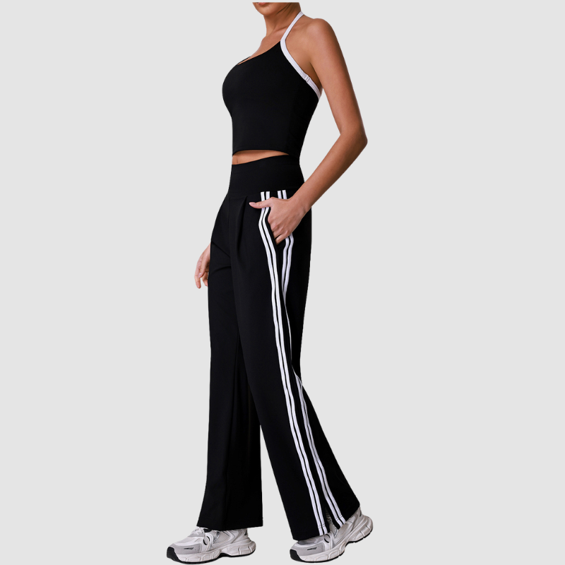 Wholesale Women's Striped Yoga Tank Top + High-Waist Wide-Leg Pants Set – Built-In Bra Pad Gym Fitness Set