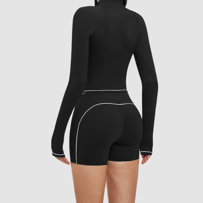 Wholesale color-blocked stand-collar zippered jacket + high-waisted tight shorts