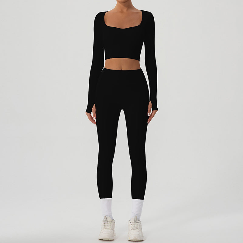 Snug-fit U-neck ​Cropped Long Sleeves + High-waisted Leggings 2-Piece Set
