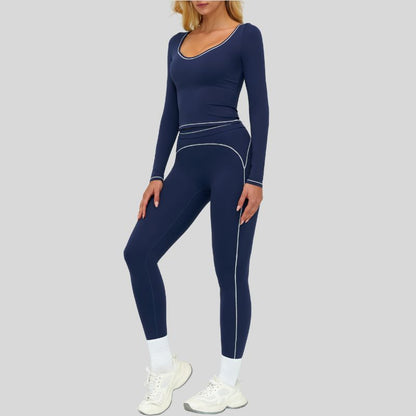Color-blocked long-sleeved sports top+High waisted leggings 2-piece set