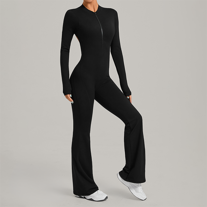 Zipper long sleeved backless fitness jumpsuit