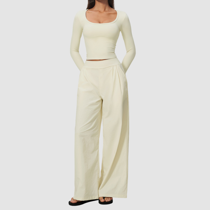 Wholesale Women's Brushed V-Neck Long Sleeve Top & Wide-Leg Pants Yoga Set