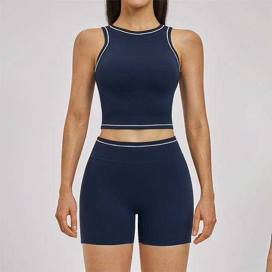 Wholesale Color Block Yoga Halter Vest + Shorts 2-Piece Set