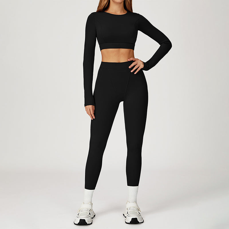 Round-neck long-sleeve high-waist fitted top+HIGH WAIST LEGGINGS 2-PIECE SET