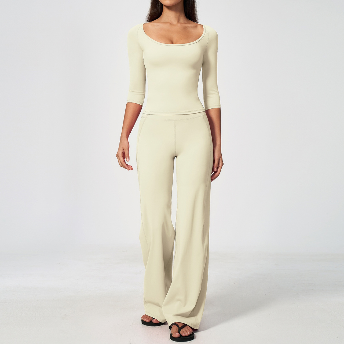 Wholesale Women's Round neck mid sleeve top+Hip lift Wide-Leg Yoga Set