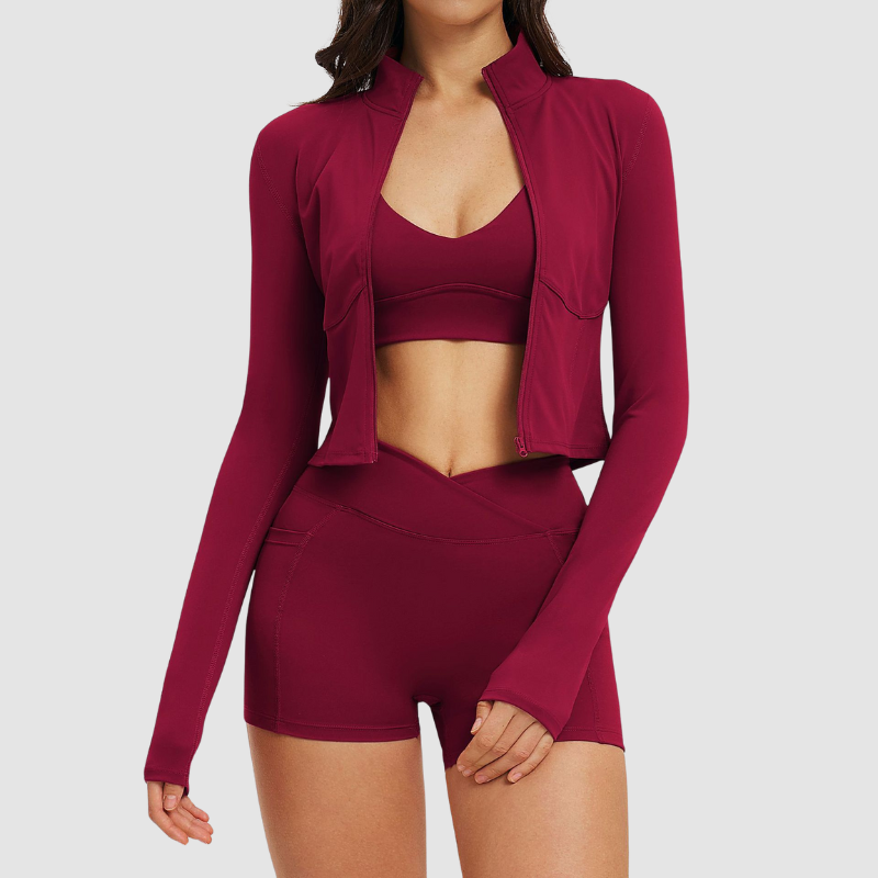 Women's front-zip cardigan long-sleeved jacket & bra and shorts three-piece set