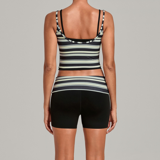 Wholesale Women's Retro Print Double-Strap Yoga Vest+High-waist Shorts Two-Piece Set