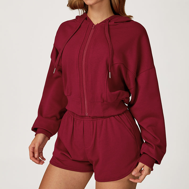 LOOSE HOODED AND FULL ZIPPER SWEATSHIRT + DRAWSTRING SHORTS 2 PIECES SET