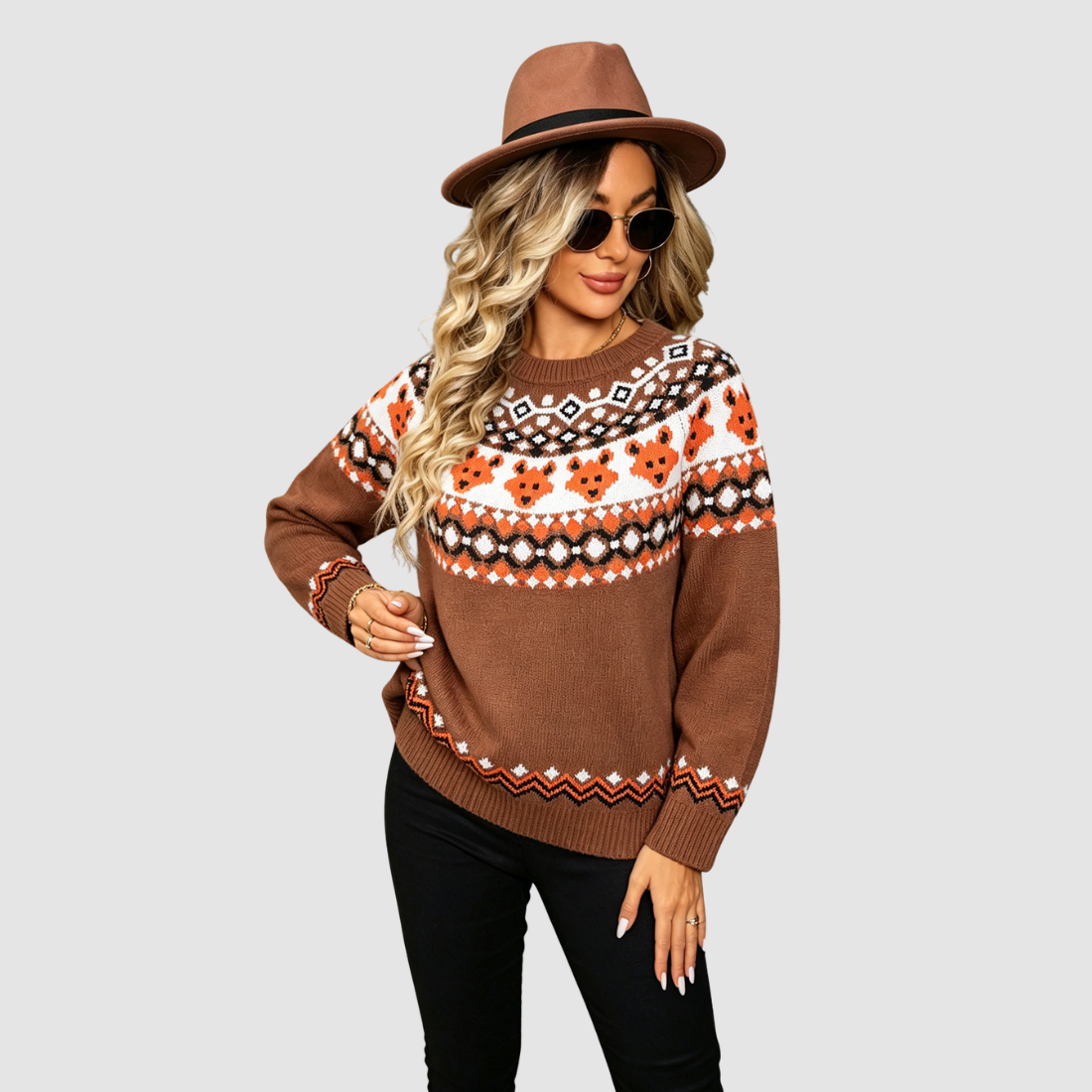 Wholesale Women's Halloween Witch Fox Knit Sweater – Round-Neck Pullover