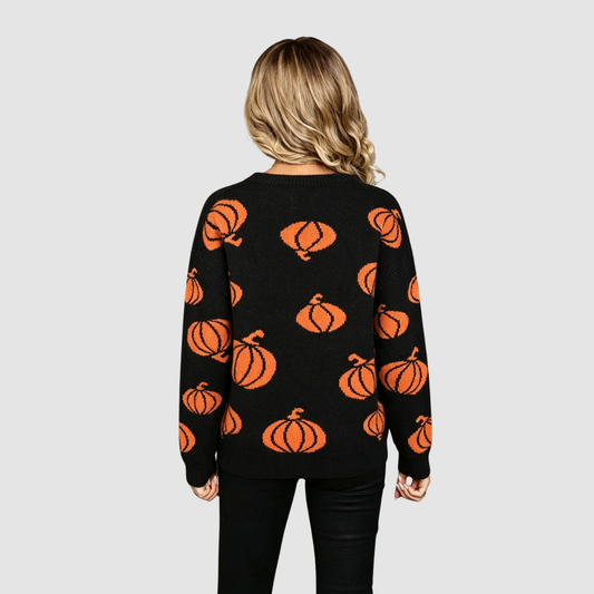 Wholesale Women's Halloween Witch Pumpkin Knit Sweater – Round-Neck Pullover
