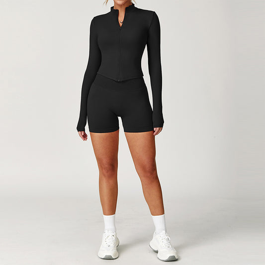 Long Sleeve Fitness jacket + High waist shorts 2-piece set