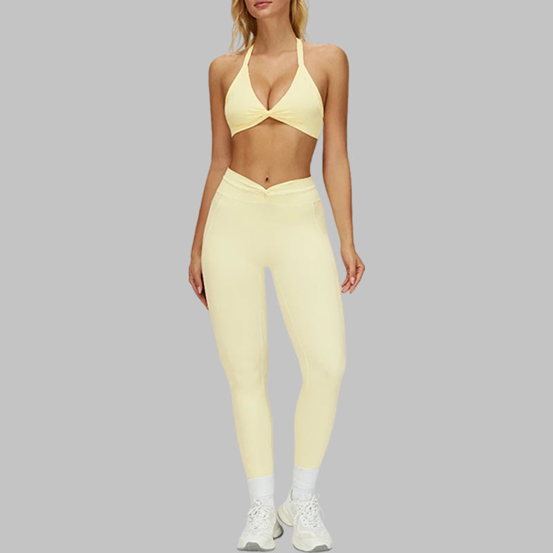 Removable padding sports bra+Pleated waistband sport leggings 2-piece set