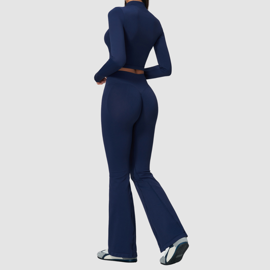 Wholesale Women's Stand-Collar Zip Jacket & Flared Yoga Pants Set