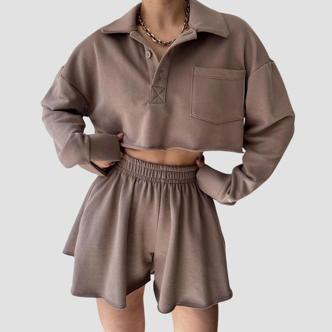 Wholesale Women's Long Sleeve Crop Cardigan & Drawstring Shorts Set – Casual Two-Piece TZ8040