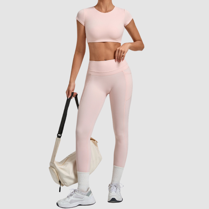 Wholesale Women's Naked-Feel Short Sleeve Crop Top + High-Waist Leggings Set – Moisture-Wicking Yoga Fitness Activewear
