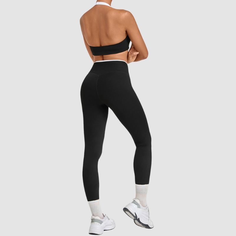 Wholesale Halter Neck Colorblock Yoga Set Sports Bra & Leggings – Naked Feel with Pocket