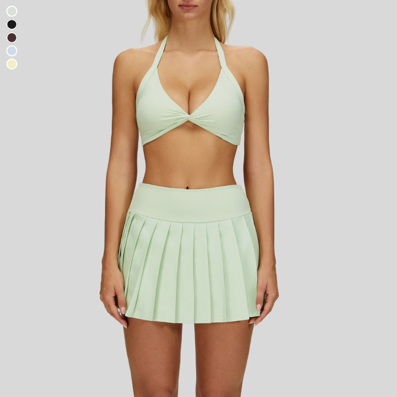 Removable breast sports bra+Anti-exposure design pleated skirt 2-piece set