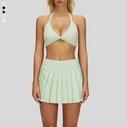 Removable breast sports bra+Anti-exposure design pleated skirt 2-piece set